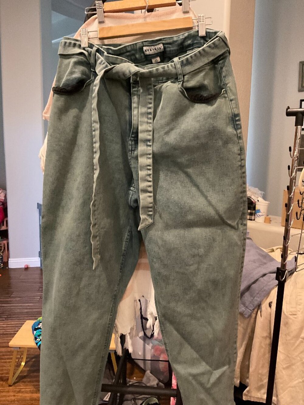 Ava & Viv Belted Tapered Jeans | Sage Green Acid Wash | Size 18W | Plus | Like N